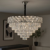 Candelabru rotund crom Ø600 mm cu 10 socluri E27, montat in living mare, iluminare puternica si uniforma, design clasic elegant