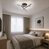 Lustra LED Modernă 73030/3BK neagră cu design geometric minimalist montată într-un dormitor modern, iluminare LED reglabilă cu telecomandă.