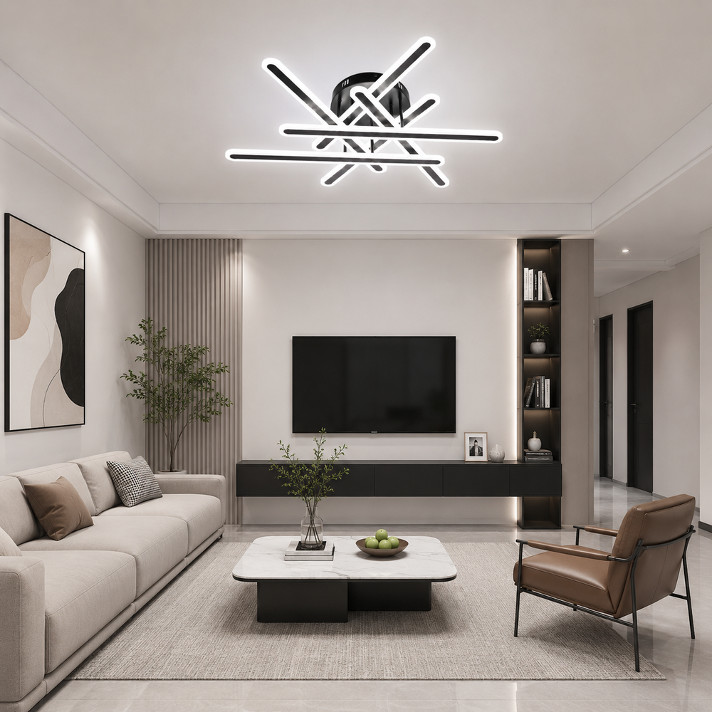 Lustra LED Modernă 73030/6BK neagră instalată într-un living contemporan, corp de iluminat cu șase bare LED și lumină reglabilă pentru un ambient elegant.