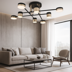 Lustra LED moderna cu 8 brate black-gold in living spatios, iluminare reglabila 3000–6500K cu telecomanda