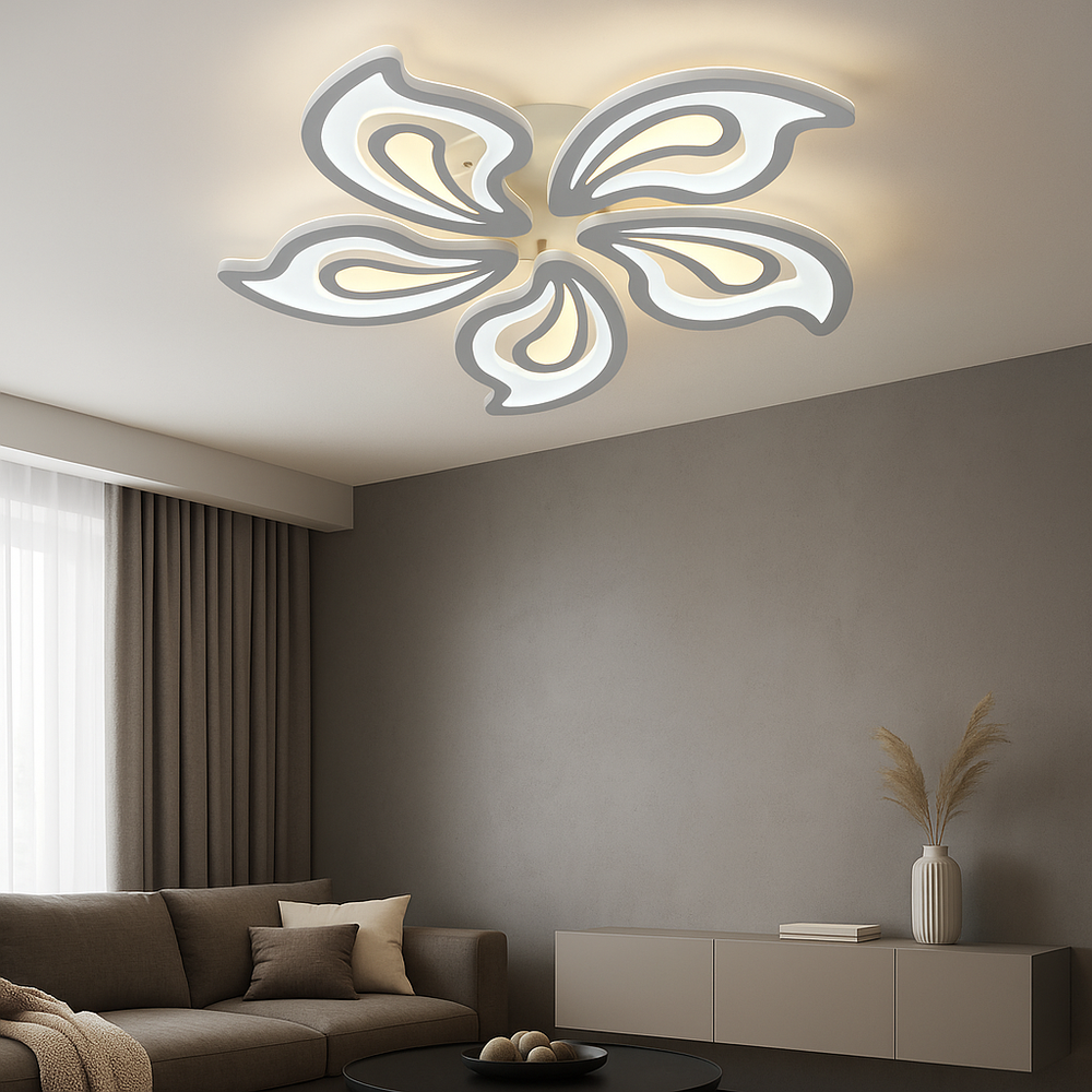 Lustra LED floral alba Ø690, 150W, design petale, lumina reglabila cu telecomanda, scena living modern si luminos.