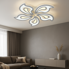 Lustra LED floral alba Ø690, 150W, design petale, lumina reglabila cu telecomanda, scena living modern si luminos.