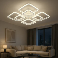 Lustra LED 8036/4+4 alba 128W cu 8 patrate si lumina reglabila, perfecta pentru living modern cu iluminare uniforma