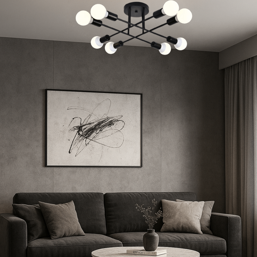 Lustra LED 9855-8 negru mat cu design geometric si 8 brate E27, iluminand un living modern cu stil minimalist.