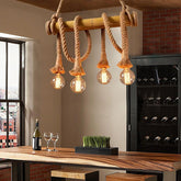 Pendul C023/4 rustic-industrial cu franghii si lemn, 4 dulii E27, ideal pentru livinguri vintage calde si decor loft.
