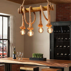 Pendul C023/4 rustic-industrial cu franghii si lemn, 4 dulii E27, ideal pentru livinguri vintage calde si decor loft.