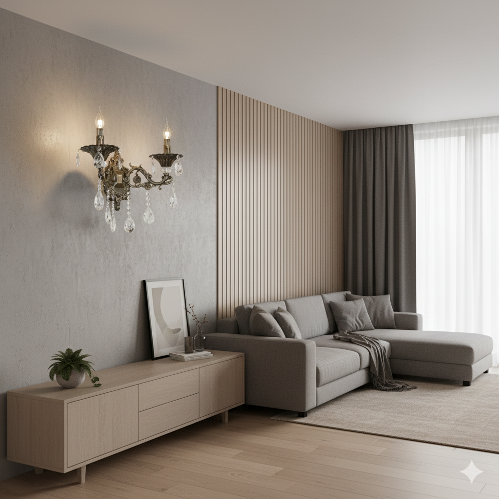 Aplica de perete 2260/2, design auriu cu doua surse, oferind livingului o lumina eleganta compatibila cu becuri LED sau incandescente