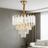 Candelabru rotund alb-auriu cu cristale 9001-300 WH+FGD lumineaza un living modern, oferind reflexii elegante si un accent decorativ de lux.