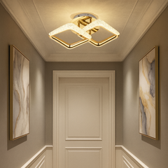 Lustra LED patrata aurie P013-2 cu telecomanda, montata pe hol modern, iluminare LED puternica si reglabila pentru utilizare zilnica