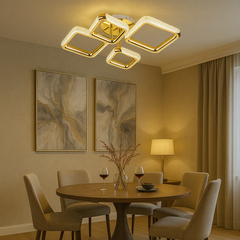 Lustra LED patrata aurie P013-2+2 cu telecomanda, montata in zona de dining, iluminare LED uniforma si eleganta