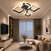 Lustra LED P013-2+2 negru lucios montată în living modern, cu patru pătrate interconectate, iluminare LED reglabilă și telecomandă.