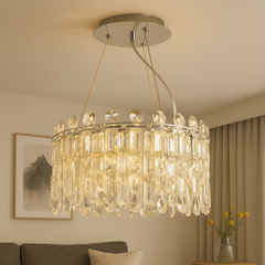 Candelabru rotund cu 6 socluri E27, montat in dormitor modern, lumina calda personalizabila si stil minimalist.