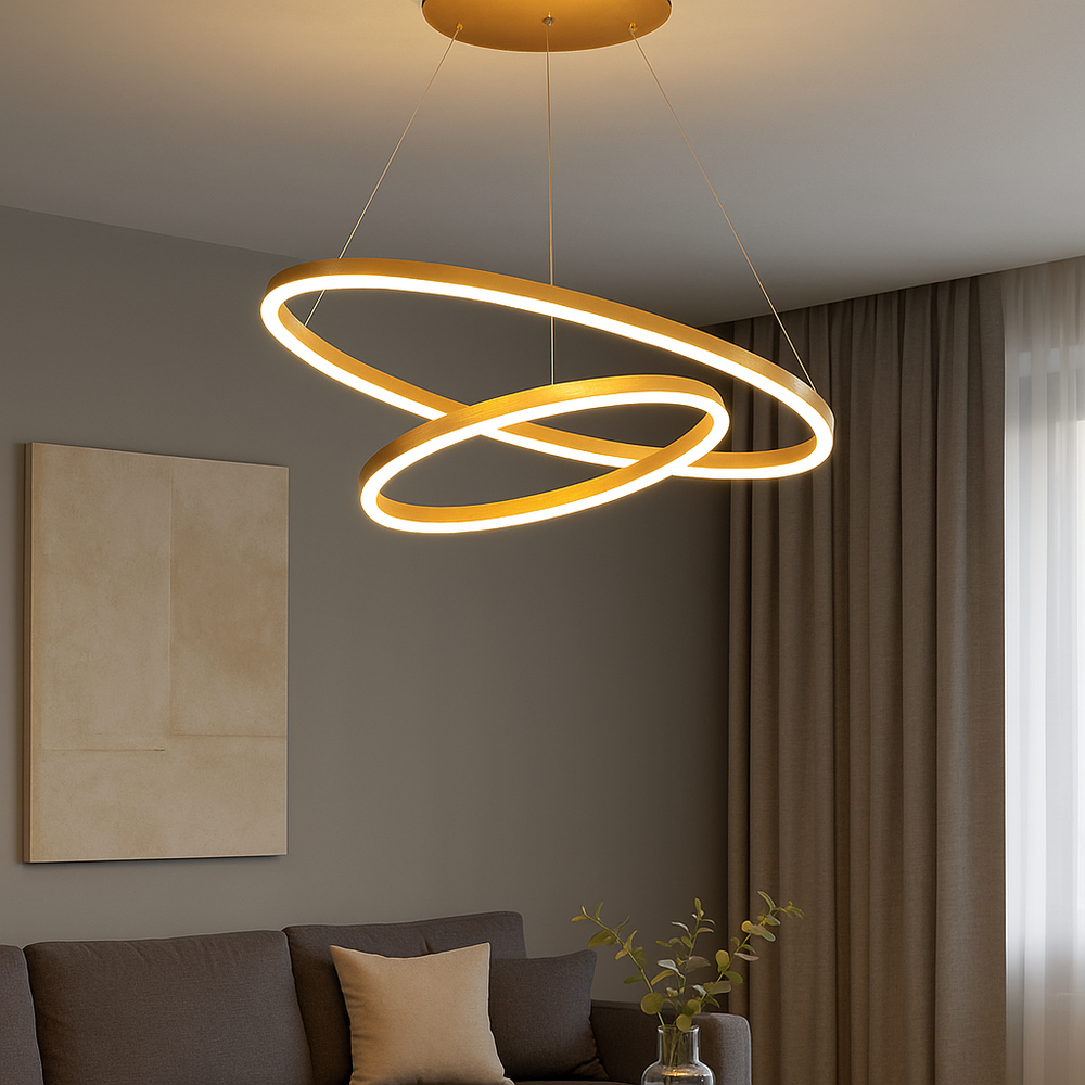 Lustra LED 2 cercuri auriu satinat 140W cu telecomanda, punct focal elegant pentru living