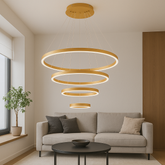 Lustra LED patru cercuri auriu 220W cu telecomanda, punct focal spectaculos pentru living