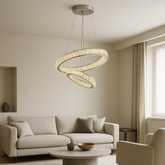 Lustra LED cristal 2 cercuri concentric Crystal Duo 100W cu telecomanda, punct focal pentru living cu tavan inalt