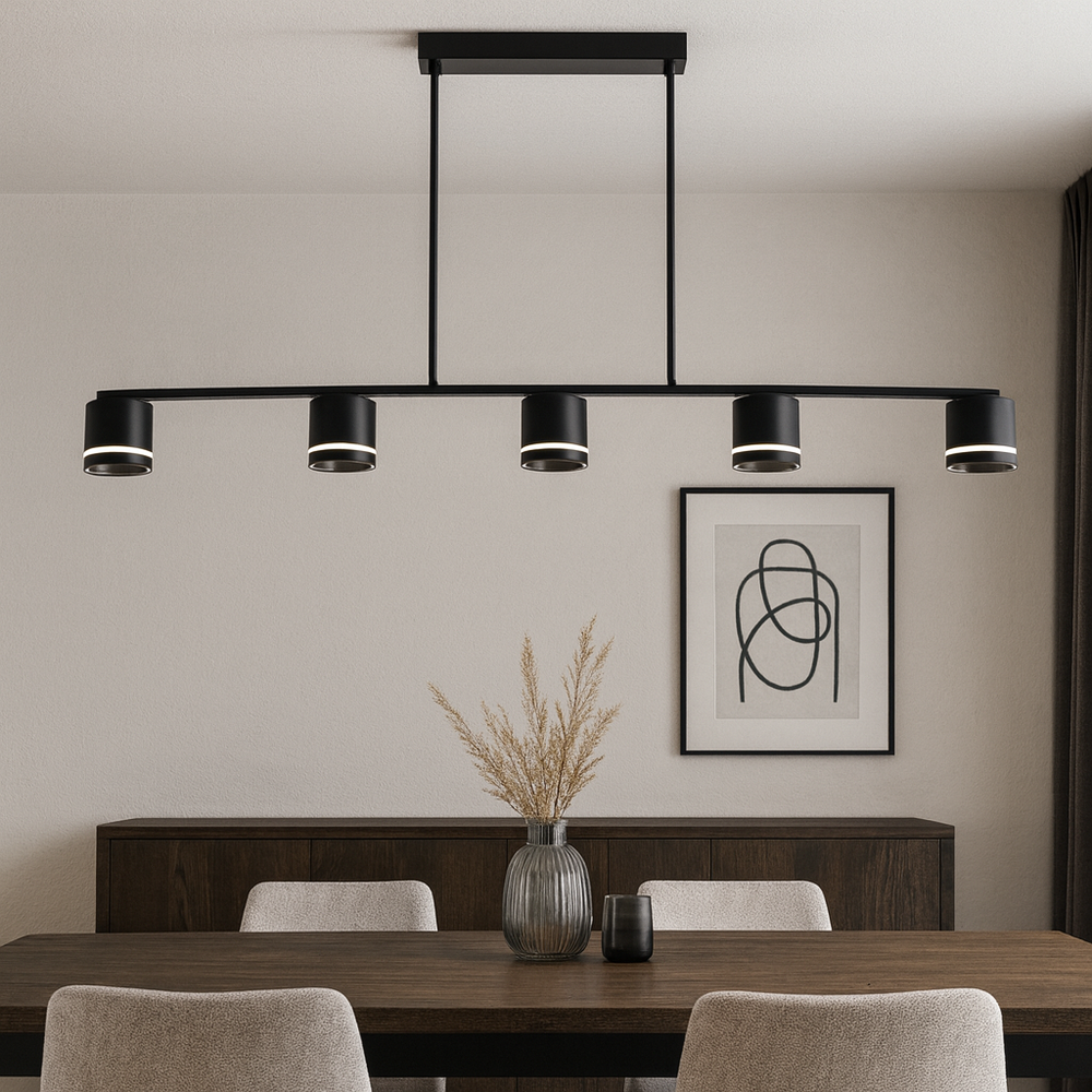 Pendul LUBAN Noir cu 5 surse GX53 si design negru mat, perfect pentru zone de dining moderne ce necesita lumina ampla.