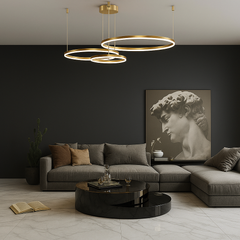 Lustra LED aurie 3 cercuri suspendata cu telecomanda, iluminare moderna pentru living cu tavan inalt