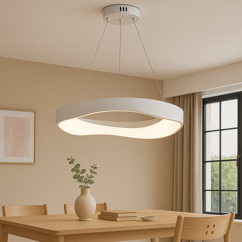 Lustra LED rotunda alba 520mm deasupra mesei de dining, iluminare uniforma moderna