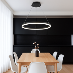 Lustra LED cerc rotund negru mat 55W cu telecomanda, punct focal elegant pentru dining