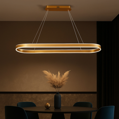 Lustra LED ovala aurie 800x300 mm suspendata, iluminare decorativa pentru masa de dining
