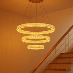 Lustra LED cristal trei cercuri crom Crystal Cascade 120W cu telecomanda, efect vizual impunator pentru scara interioara