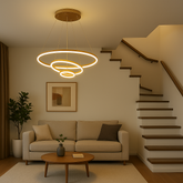 Lustra LED trei cercuri auriu 140W cu telecomanda, iluminare spectaculoasa pentru scara interioara