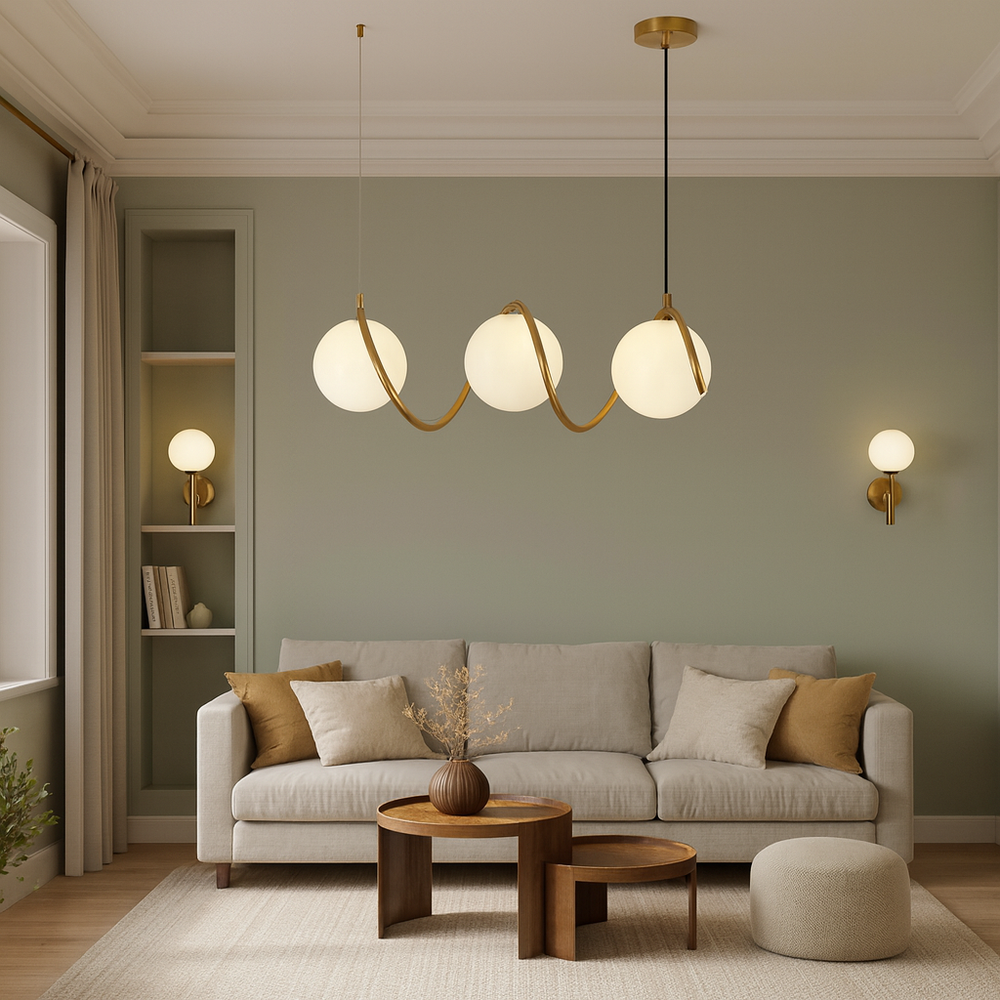 Lustra LED auriu 3 globuri sticla mata, iluminare eleganta pentru living modern