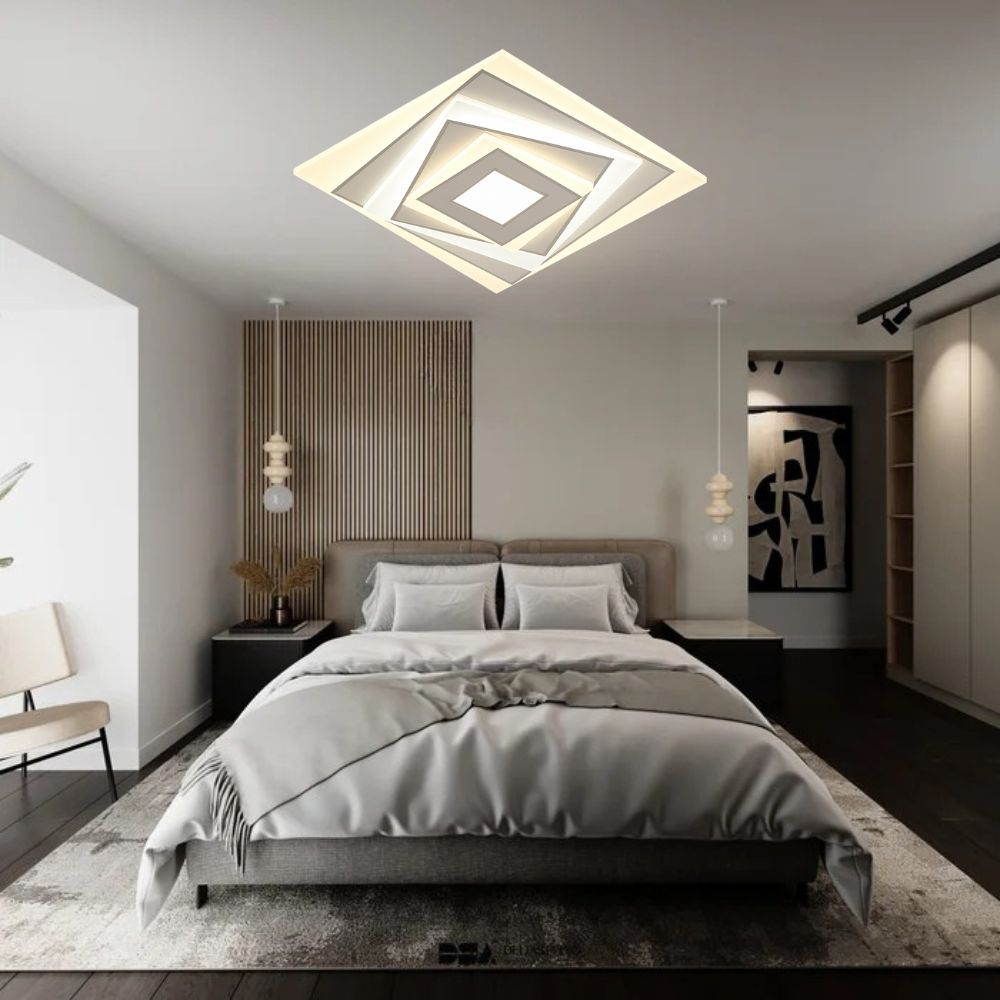 Plafoniera LED 6040/300A WH+CR patrata alba 84W, design modern cu lumina 3000–6500K, ideala pentru dormitoare elegante si confortabile.