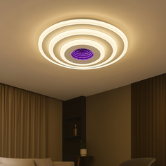 Plafoniera LED rotunda 6039/300D WH alba cu centru violet si telecomanda, 71W, lumina 3000–6500K ideala pentru living modern.