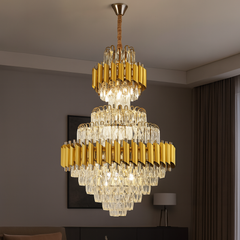 Candelabru cristal rotunda auriu Ø600 H930 in living inalt, 15 E27, iluminare intensa pentru decor glam lux