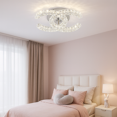 Lustra LED SJ034-2 cu cristale si telecomanda, instalata in dormitor modern, lumina LED reglabila pentru confort si eleganta