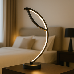 Veioza LED neagra forma frunza 40W ofera lumina calda sau rece pentru dormitoare moderne, creand un ambient relaxant si sofisticat.