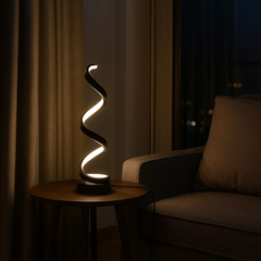 Veioza LED neagra spirala 40W cu lumina reglabila 3000–6500K adauga eleganta moderna si iluminare ambientala in livingurile contemporane.