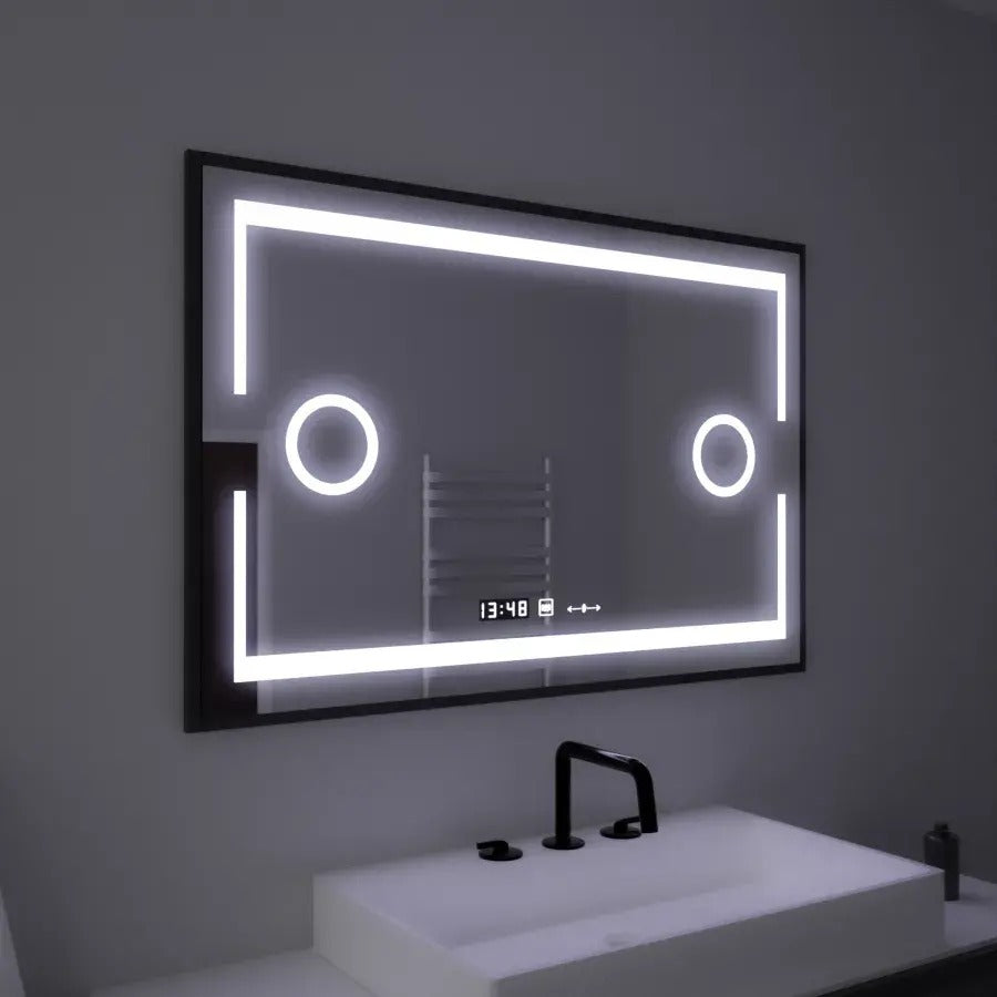 Oglinda smart dreptunghiulara 120x80 cm cu iluminare LED profesionala, control tactil si sistem de dezaburire, ideala pentru bai moderne.