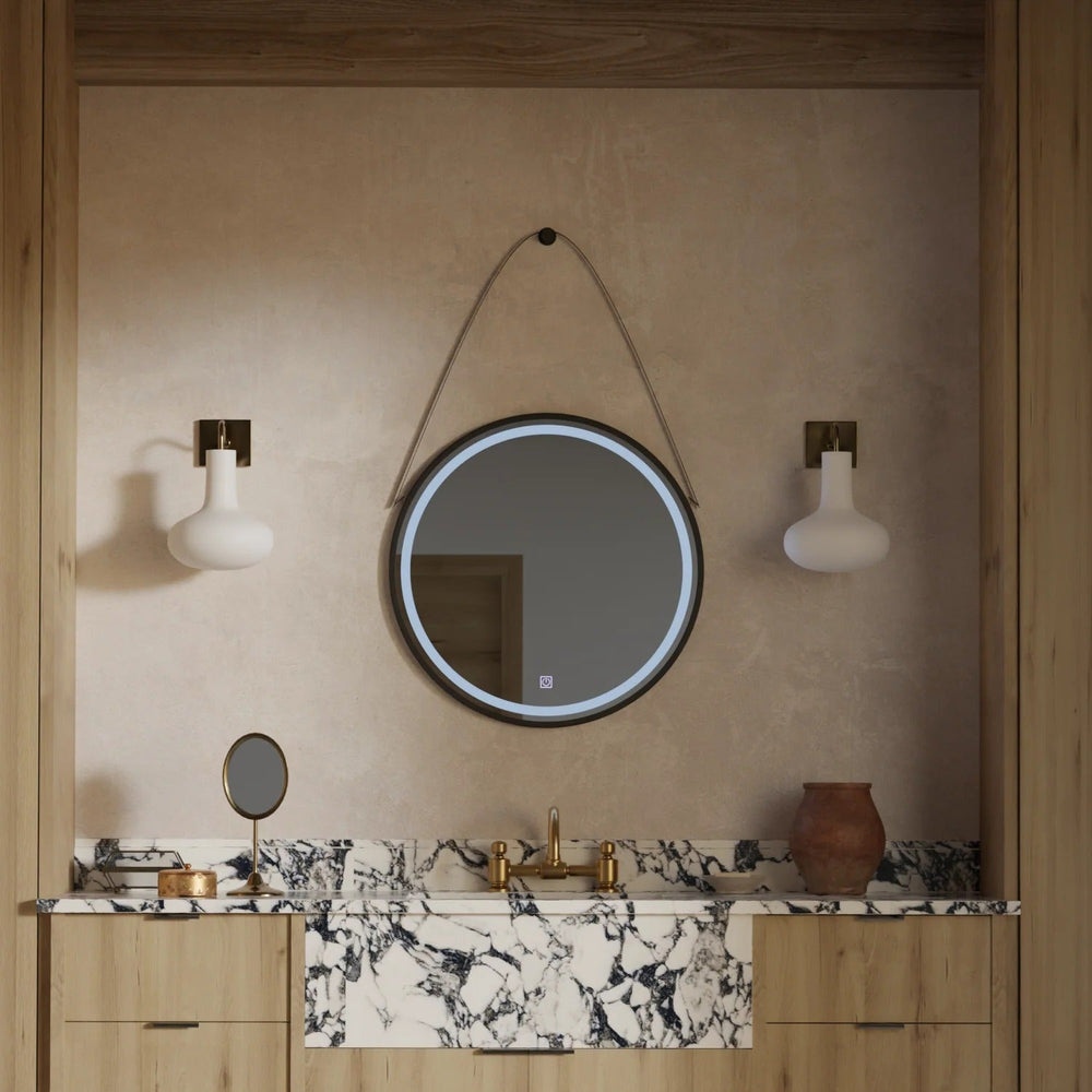 Oglinda LED Rotunda 60x60 cm cu Ceas Digital si Dezaburire | Design Modern cu Curea Decorativa