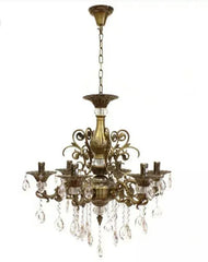 Candelabru rotund auriu cu cristale lacrima deasupra mesei in dining elegant, 6 brate E14, lumina calda, stil regal