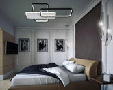 Lustra LED 9906/2T WH+BK cu forme dreptunghiulare si telecomanda, oferind lumina reglabila intr-un dormitor modern minimalist.