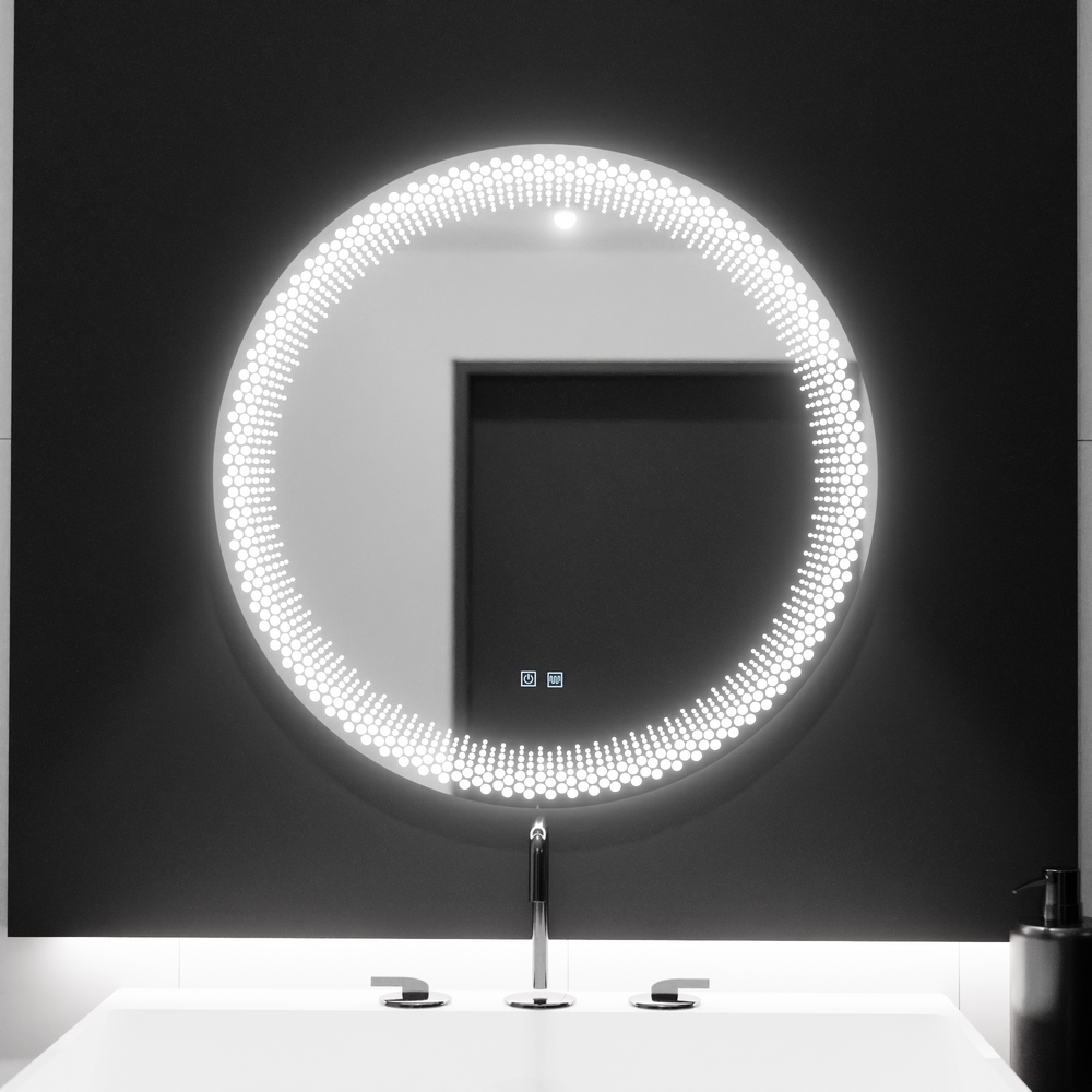 Oglinda LED rotunda 60x60 cm cu lumina reglabila, control touch si functie de dezaburire, ideala pentru bai moderne.