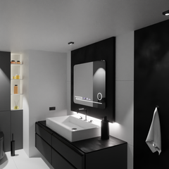 Oglinda smart dreptunghiulara LUBAN 80x60 cm cu LED reglabil, lupa cosmetica, afisaj digital si sistem de dezaburire pentru bai moderne.