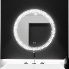 Oglinda LED rotunda 60x60 cm cu lumina reglabila, control touch si functie de dezaburire, ideala pentru bai moderne.