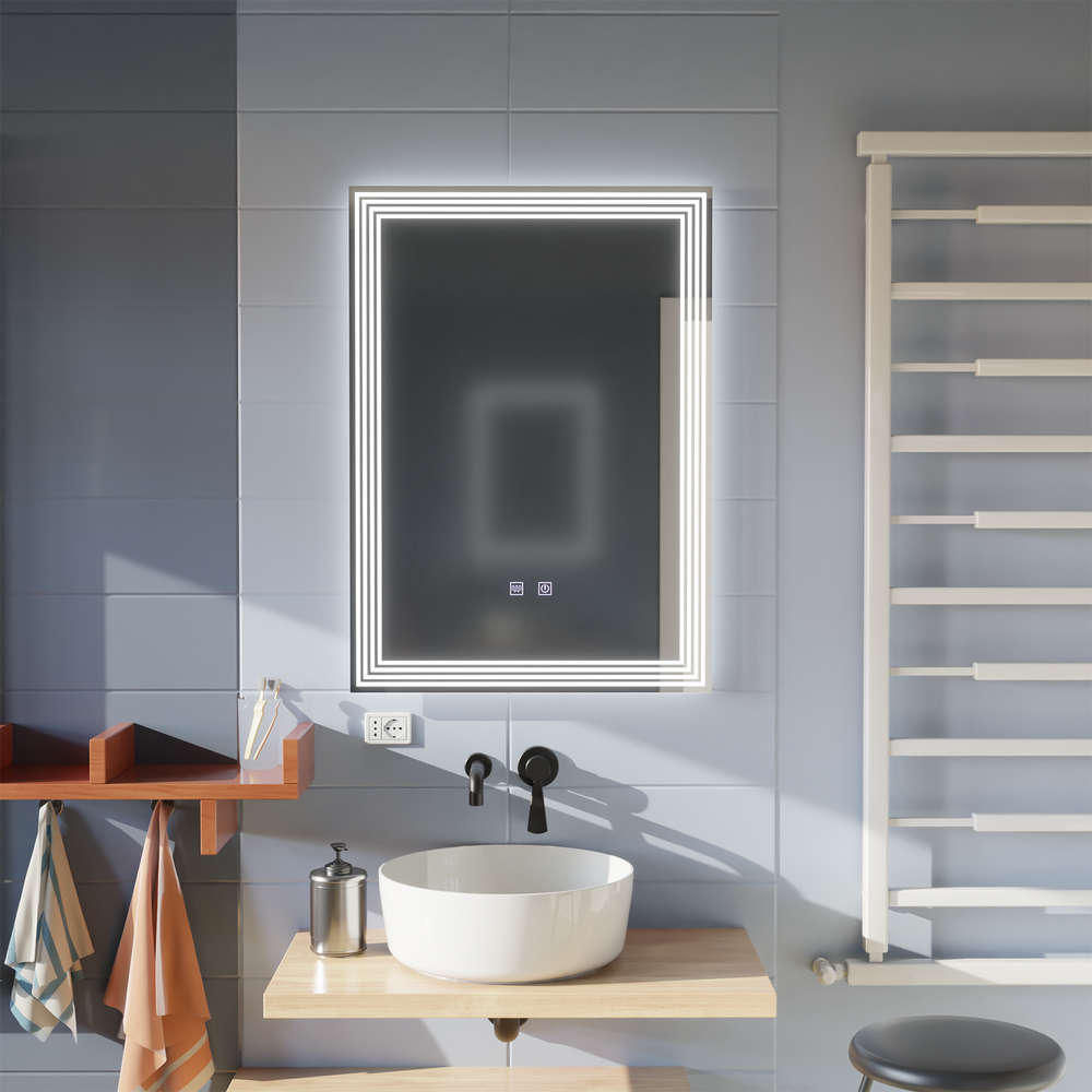 Oglinda smart 50×70 cm cu 3 benzi LED, control tactil si functie anti-abur, perfecta pentru baie moderna