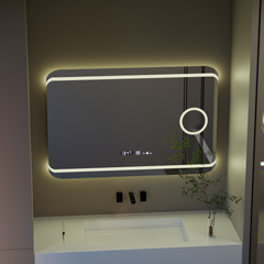 Oglinda smart dreptunghiulara 100x60 cm cu LED reglabil, dezaburire, afisaj digital si lupa integrata, ideala pentru bai moderne.