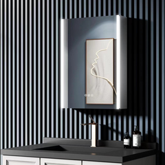 Dulap baie 51x71 cm cu oglinda LED si spatiu de depozitare, design alb modern pentru iluminare clara si organizare eficienta.