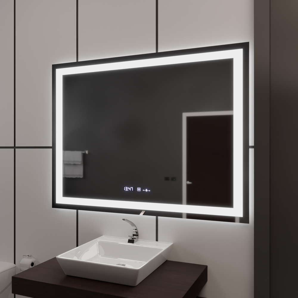Oglinda smart rectangulara 100x75 cm cu LED reglabil, dezaburire si display digital, ideala pentru bai moderne elegante.