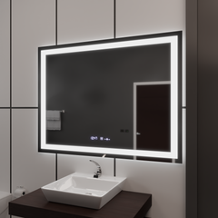 Oglinda smart rectangulara 100x75 cm cu LED reglabil, dezaburire si display digital, ideala pentru bai moderne elegante.