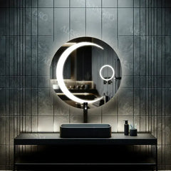 Oglinda LED rotunda 60 cm cu lumina reglabila, control tactil si sistem de dezaburire, ideala pentru bai moderne.