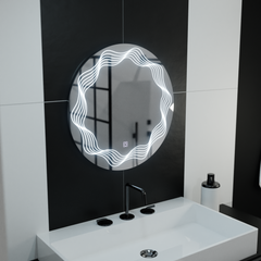 Oglinda LED rotunda 60x60 cm cu efect de unde luminoase, control touch si functie de dezaburire pentru bai moderne.