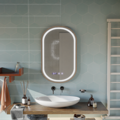 Oglinda smart aurie 50×80 cm cu LED circular, senzor de miscare si functie anti-abur pentru baie moderna.