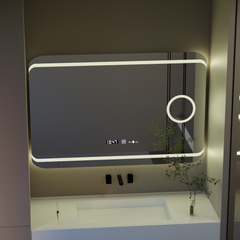 Oglinda smart dreptunghiulara 120x80 cm cu LED reglabil, dezaburire, afisaj digital si lupa cosmetica, ideala pentru bai moderne si spatii premium.