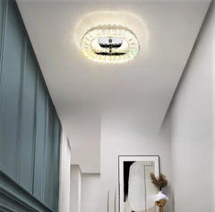 Lustra LED ovala 46W alba cu elemente transparente si telecomanda, lumina reglabila 3500K-6500K, montata in living modern